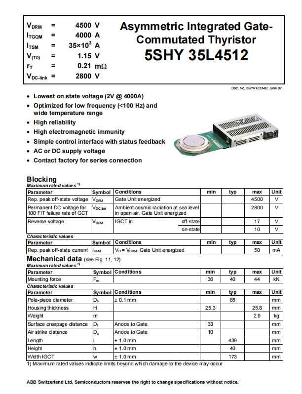 5SHY35L4512 3BHE014105R0001/5SXE08-0166 IGBT可控硅模块