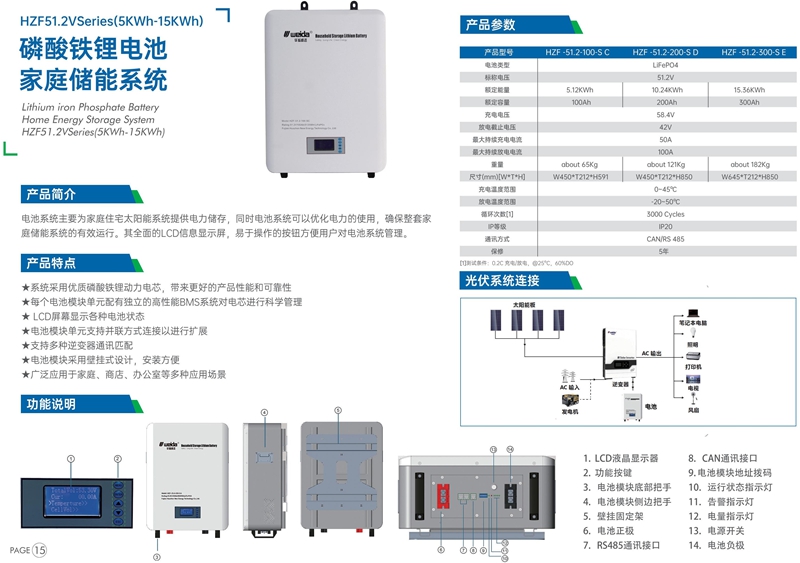 磷酸铁锂电池家庭储能系统   HZF51.2VSeries(5KWh-15KWh) 