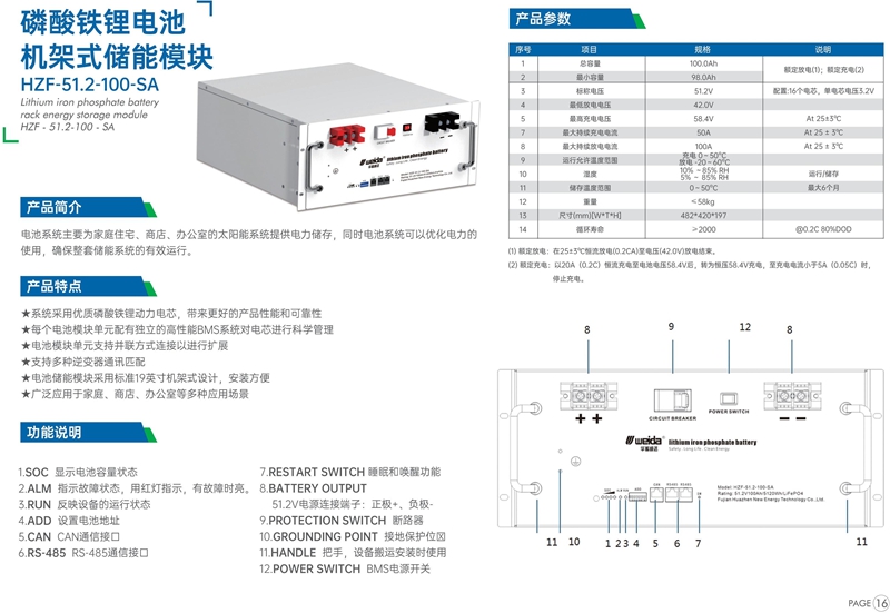 酸铁锂电池   机架式储能模块  HZF-51.2-100-SA 